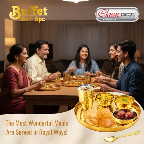 Image of Classic Steels Buffet Gold Hammered Stainless Steel Dinner Set (6 Pieces) | Premium Royal Thali Set with 1 Plate, 3 Bowls, 1 Glass, 1 Spoon | Heavy Gauge Food-Grade Diningware for Home & Gifting