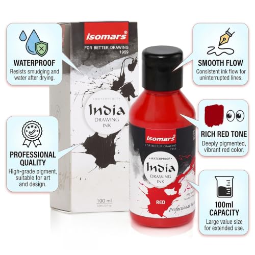 Image of Isomars India Waterproof Drawing Ink Red 100ml | Professional Artist Ink for Illustration, Calligraphy, Airbrush, Canvas, Fabric, Wood, Paper & Technical Drawing