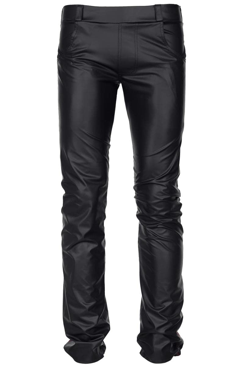 Regnes Fetish Planet Lange Herren Hose schwarz aus elastischem Wetlook-Material matt und tief Geschnittener Taille