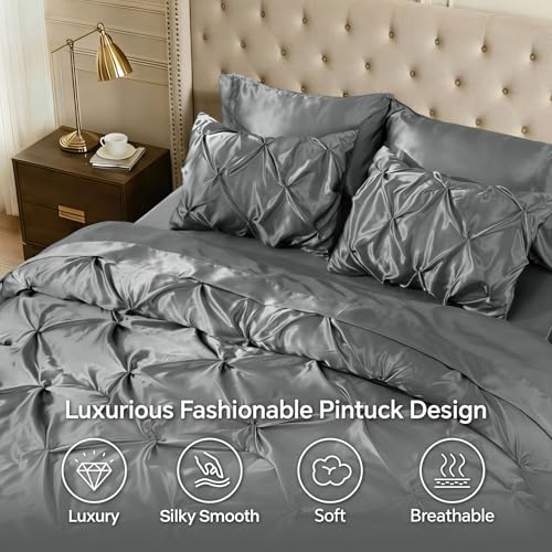 Image of BEDELITE Satin Comforter Set Queen Size, 7 Pieces Pintuck Bed in A Bag with Comforter, Flat Sheet, Fitted Sheet, Pillowcases, Shams, Soft Similar to Silk Bed Set for All Seasons (Dark Grey)