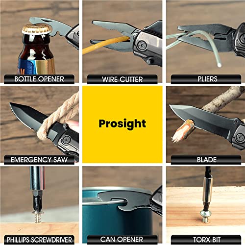 كماشة متعددة الاستخدامات من الفولاذ المقاوم للصدأ مع سكين جيب قابل للطي و9 قطع من لقم مفك البراغي بغلاف نايلون متين وتصميم قفل أمان للاستخدام في التخييم وصيد الأسماك والمشي لمسافات طويلة من بروسايت