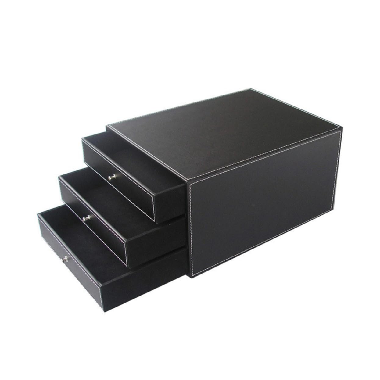 NUOBESTY Caja de Archivos de Escritorio A4 de Cuero Tres Cajones | Negro, Madera y Pu, 1 Pieza, Uso en Oficina y Dormitorio, Extracción Suave y Acceso Fácil