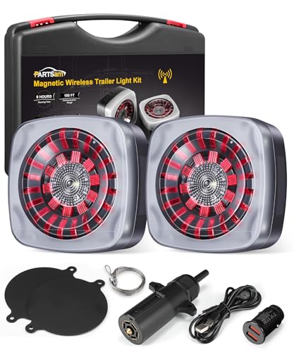 Image of Partsam LED Wireless Trailer Lights Kit, Magnetic Tow Tail Lights Stop Brake Turn Running Reverse Light with License Plate Light USB Cable Charges for Trailers, Trucks, Boat, RV 12-24V