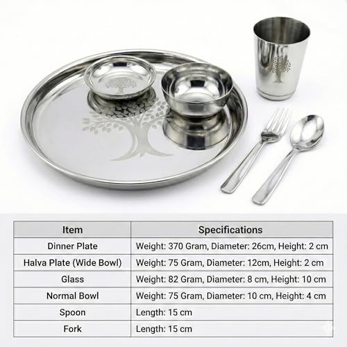 Image of Human Hydro Stainless Steel Thali Dinner Set | 12-Piece: 2 Plates, 2 Bowls (Katoris), 2 Side Plates, 2 Glasses, 2 Spoons & 2 Forks | Food-Grade, Rust-Free, Mirror Finish | Dishwasher Safe