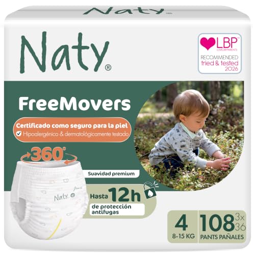 Naty Freemovers Pañales Pants Pañales Braguita Certificados Para Piel Sensible Suaves, Sin Perfume Absorbentes Y Anti-Fugas Unisex Bebé Y Niño Talla 4 8 15 Kg , 108 Unidades