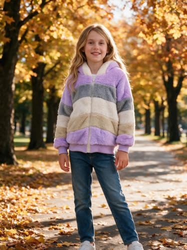 Image of Girls Fleece Jackets Kids Sherpa Fuzzy Zip up Hoodie Fall Winter Contrast color Pullover Sweatshirt 4-12 Years