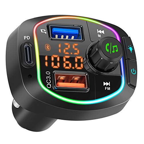Bluetooth FM Transmitter for Car BT 5.0 Wireless Stereo Audio Adapter 36W PD & QC3.0 Smart Charger Hands-Free Call Kit Radio Music Player Receiver Type-C USB TF Compatible LCD Dual Display RGB Light
