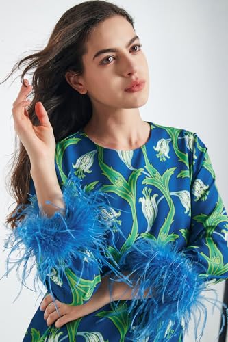 D-Sun Women Feather Dress Round Neck Casual 3/4 Feather Sleeves Party Dress Elegant Wedding Guest Cocktail Mini Dresses2