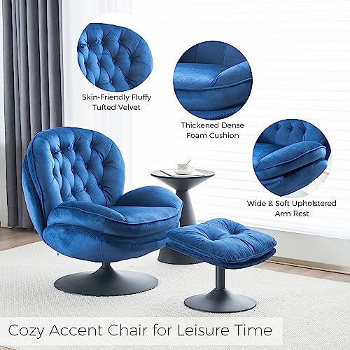Comfort Stretch Comfy Velvet Swivel Living Room Bedroom Accent Chair With Ottoman, Cozy Recline Lounge Armchair W/Fluffy Round Tufted Back Adult Gift For Small Room Lazy Relax Read Nook Tv, Blue #TOP3