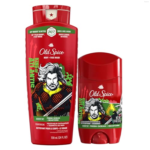 Old Spice Body Wash + Antiperspirant Deodorant Bundle Pack, Aquaman King of Atlantis, 24-7 Freshness, Smell Like a Hero, Fresh Ocean + Seastorm Scent, 24 oz & 2.6 oz (Pack of 2)
