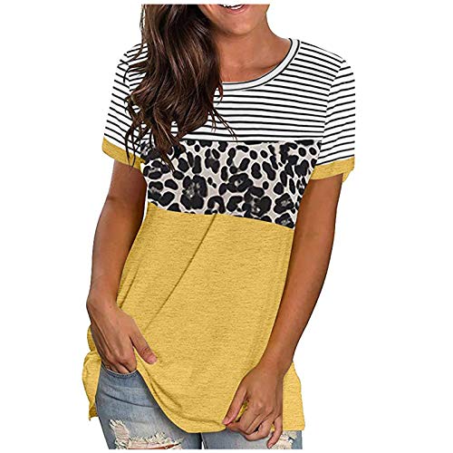 Cheetah Print Shirts for Women?Summer Fashion Sweatshirt Stitching Crewneck Loose All-Match Short-Sleeved Blouse