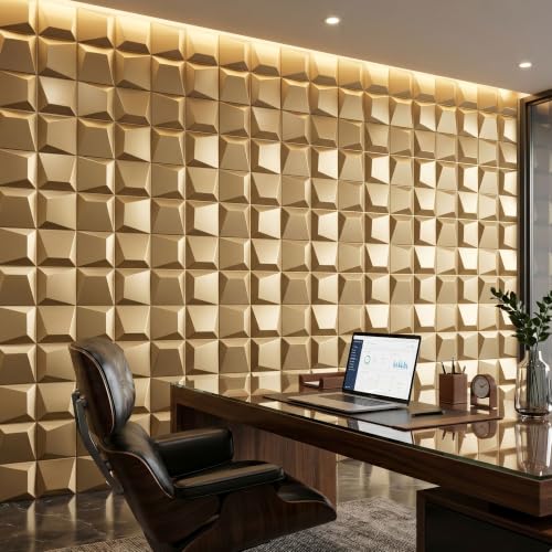 Image of Kayra Decor 3D PVC Wall Panels for Bedroom & Living Room | Cube Design | Champagne Gold Color|19.7 x 19.7 Inch | Pack of 12 | 32.28 Sq Ft