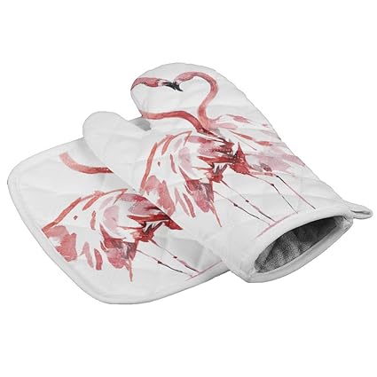 Animal Insulation Gloves and Pot Holders Polyester Heavy Duty Cooking Gloves for Cooking Baking Grilling Pot Holders Sets 2 PCS Flamingo Couple with Love Heart