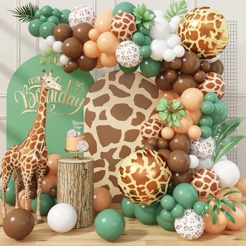 Jungle Safari Balloon Garland Arch Kit, 118pcs Sage Green Brown Balloons Arch Animal Print Latex Balloons with 4D Giraffe Foil Balloons for Tropical Wild Theme Boys Birthday Baby Shower Wedding