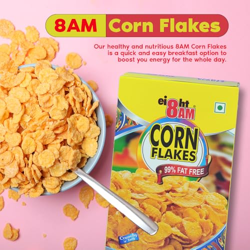 Image of 8 AM Corn Flakes 500 Gram (Pack Of 2), 97% Corn, 99% Fat Free, No Cholesterol, Trans Fat, Artificial Additives, Vitamins B1, B2, B3, B6, B9, Iron, Calcium, Crunchy & Nutritious Cereal