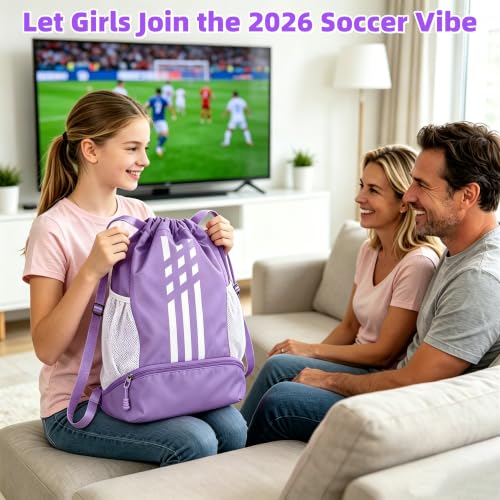 Image of Soccer Bag, Youth Soccer Basketball Bag with Compartments Drawstring Backpack for Football Volleyball Gym Training (Purple)