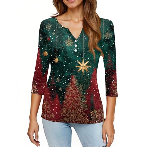 Image of Women Christmas Shirt 3 /4 Length Sleeve Henley Tops Xmas Outfits