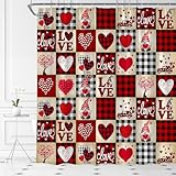 TENVSIN Valentine's Day Shower Curtain Retro Buffalo Check Plaid Gnome Valentine Red Black Love Tree Hearts Truck Romantic Fabric Bathroom Decor Set with Hooks(36' WX70 H)
