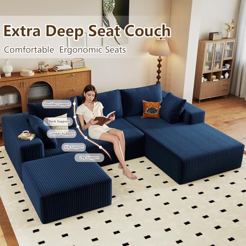 Image of 96 inch U-Shape Cloud Couch, Modern Modular Sectional L-Shape Sofa with Ottoman, Corduroy Upholstered Couches Deep Seat Sleeper Chaise Longue for Living Room, No Assembly Required(Blue, Right Facing)