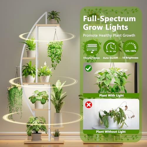Image of BACEKOLL Plant Stand Indoor with Grow Lights, 6 Tiered Tall Plant Shelf, 63 inch Metal Plant Stand for Indoor Plants Multiple, Half-Moon Plant Rack Display Shelf, 2 Pcs Plant Holder for Living Room, White
