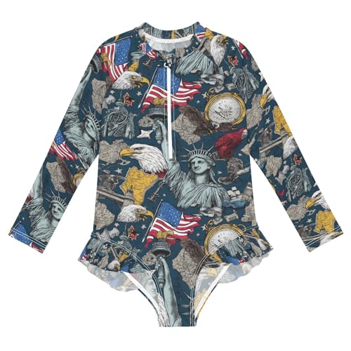 ALAZA Statue of Liberty Bird Map American Flag Girls One Piece Swimsuit Long Sleeve Rashguard Swimsuit UV 50+ Swimwear Zip