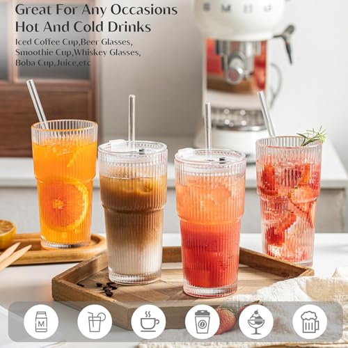 Image of INSETLAN 6-Piece Glassware Set - 20 oz Ribbed Glass Tumblers with Lids and Glass Straws, Heavy-Duty Tumblers, Ideal for Iced Coffee, Smoothies, Cocktails, and Juices - Elegant and Durable Drinkware