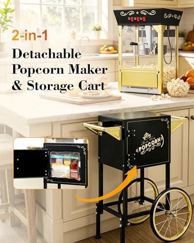Image of Large Popcorn Machine with Cart: 12 Oz Vintage Commercial Popcorn with Foldable Stand Makes Up to 48 Cups, 3 Serving Cups, Measuring Cups & a Scoop for Home Party Office, Black