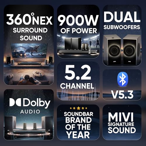 Image of Mivi Nex 900 Dolby Audio Soundbar (New Launch)| 900W Signature Sound | 5.2 Channel Home Theatre System with Dual Subwoofers and Satellites | Nex Surround Sphere Tech | Bluetooth v5.3