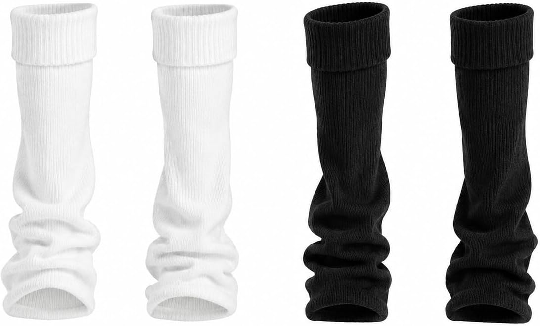 2 Pairs of Cute Knitted Leg Warmers, 80s Y2K Harajuku Knee High Leg Socks Preppy Ribbed Knit Stockings Gothic Clothes for Girls (Black, White)