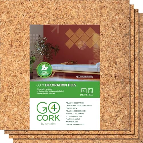 Go4Cork Quadratische Korkplatte 21,5 x 21,5 cm - 4er-Pack | Doppelseitige Premium Öko Korkfliesen | Vielseitig einsetzbar für Basteln, Zuhause, Ordnung im Büro | Rutschfest & leicht verwendbar