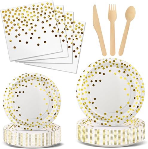 Nkaiso 144 Piezas Blanco Oro Vajilla Fiesta Cumpleaños, Platos y Vaso Cumpleaños Infantil, Juego de vajilla para Fiestas Platos Vasos Servilletas Cubiertos para Baby Shower Aniversarios -24 Invitado