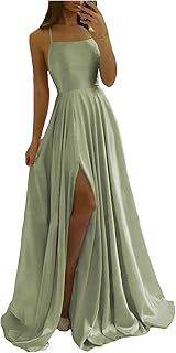 Spaghetti Straps Satin Prom Dresses Long with Side Slit A Line Bridesmaid Dress with Pockets WD056 - Buy now