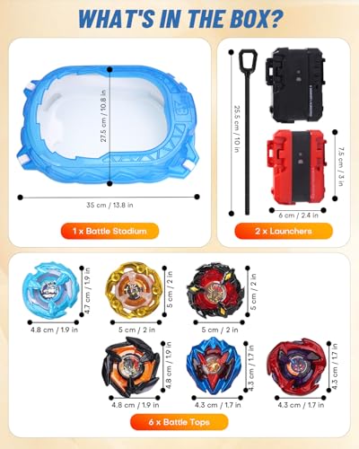 BGOVTAPO X Stadium Starter Kit - 6 Battle Tops Arena Set with 2 Launchers, Acceleration Track & Protective Roof, Gift for Boys Girls 6+