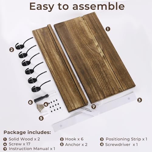 HRONRAD Shelf with Hooks, Coat Rack Wall Mount with 6 Double Metal Hooks, 17 Inch Farmhouse Wall Hooks with Shelf, for Entryway, Bathroom, Kitchen, Rustic Brown by HRONRAD - Image 7