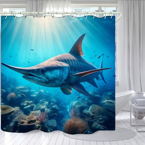 Image of LYFANS Bathroom Using Undersea Swordfish 3D Shower Curtains, Luxury Bathtub Standard Shower Curtain, Waterproof and Bright Fabric Shower Curtain, Size (72x72 Inches)