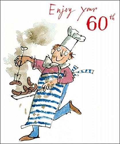 Illustrated Male 60th Birthday Card (WDM-456541) - Chef Cooking Sausages, Enjoy Your 60th - Greeting Card for Him from The Quentin Blake Range