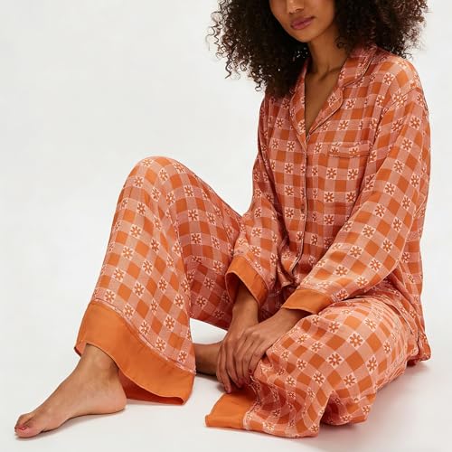 Image of Women Satin Pajama Set Floral Silk Pajamas 2 Piece Lounge Sets Button Down Shirts Wide Leg Pants Pjs Sleepwear