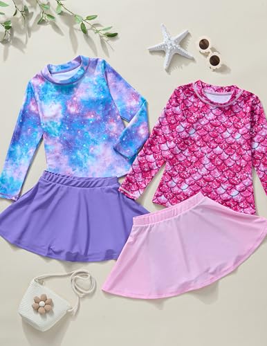 2 Pack: Girls Rash Guard Two Piece Bathing Suit Long Sleeve Swimsuit - Toddler Swimwear with Skirts Shorts 3T-12Y2