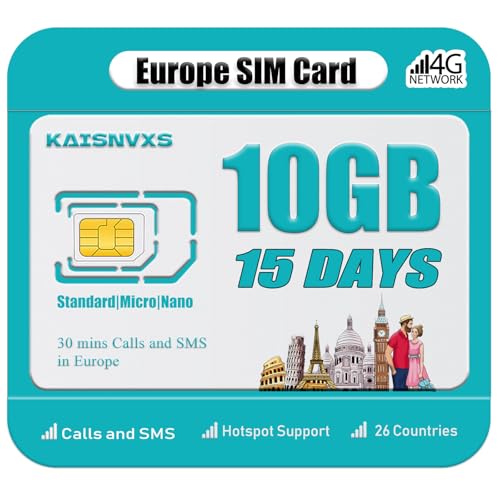 KAISNVXS Prepaid SIM Card for Europe Travel with...