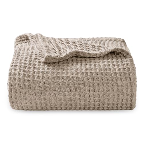 Image of Bedsure 100% Cotton Throw Blanket for Couch 50x70 inches - Cooling Breathable and Soft for Summer, Waffle Weave Throw Blanket for Office, Taupe