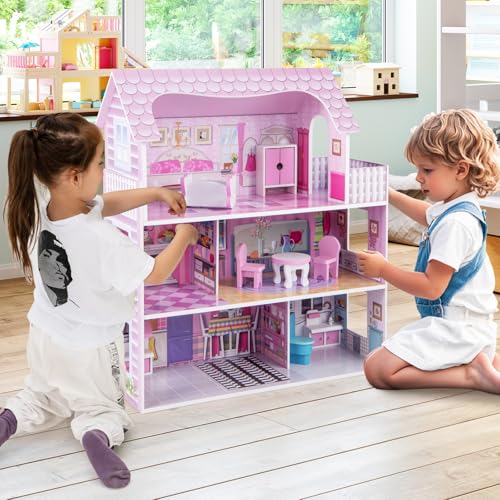 COSTWAY Casa de Muñecas de Madera, Casa Muñecas de 3 Niveles con Accesorios para Niños y Niñas Más de 3 Años, Juego de Roles Infantil, Casita de Muñecas de Ensueño, 61 x 26,5 x 71 cm, Rosa - imagen 7