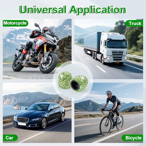 Image of JUSTTOP 4 Pack Handmade Crystal Rhinestone Car Tire Valve Stem Caps, Universal for Cars, Trucks and Motorcycles - Green