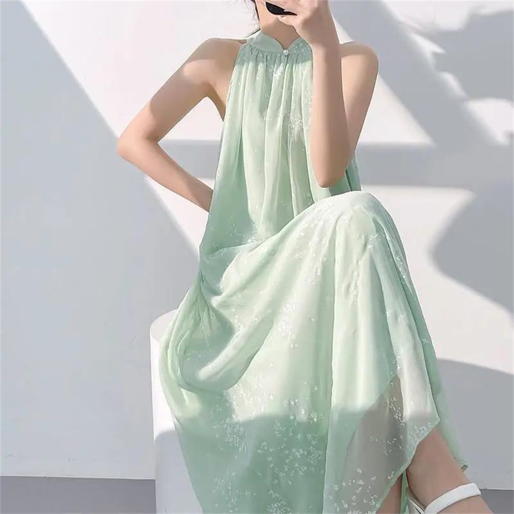 Women's Sleeveless Floral Embroidered Ankle Length Dress Beach Style Loose Fit A Line Dress