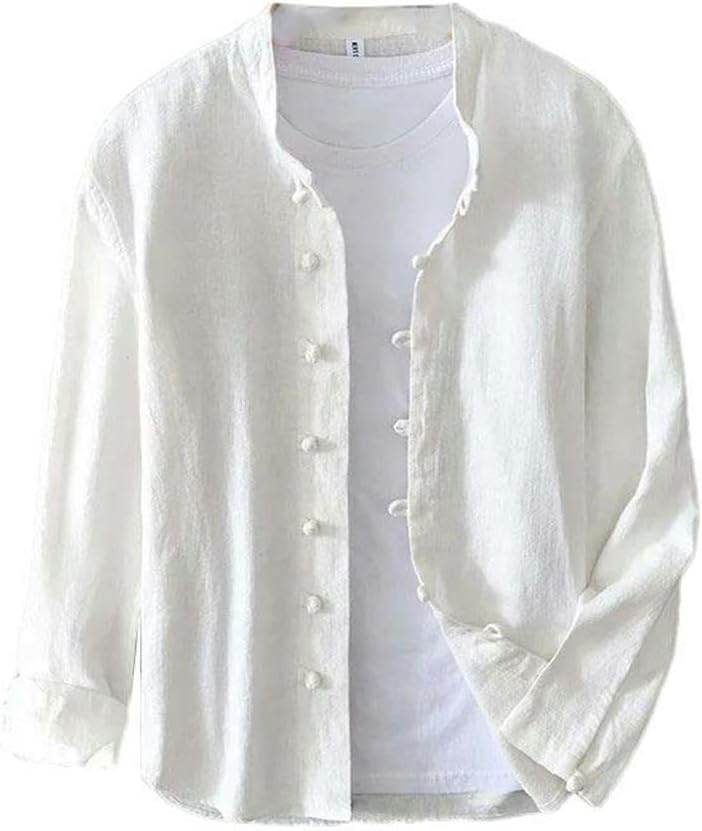 Chinese Style Men's Linen Shirt Tang Suit Kung Fu Traditional Solid Color Stand Collar Long Sleeve Pocket Shirt Jacket Men