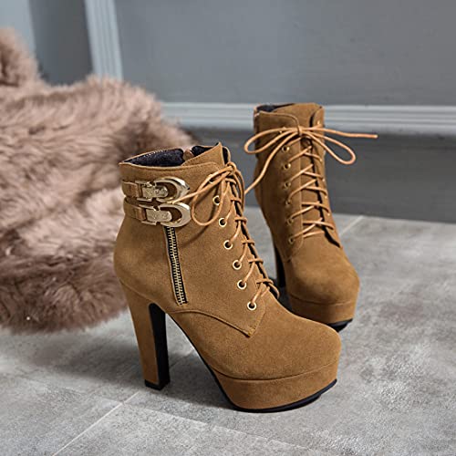 VOKLIN Women's Platform High Heel Ankle Boots Fashion Metallic Round Toe Lace Up Zipper Dressy Short Booties3