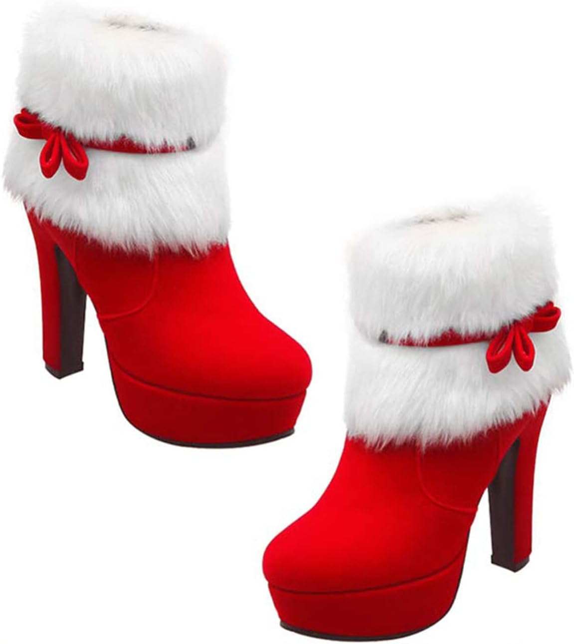 Women Winter Christmas high-heeled Ankle Boots,Faux Fur Chunky Heel Mid- Calf Boots Bow Side Zipper Santa Snow Boots