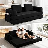 Nivayor 78'' Sleeper Couch Bed for Living Room, Convertible Modular Sofa with Fixed Frame & Side Pocket, Corduroy Futon Boneless Couches in a Box, No Assembly, Black