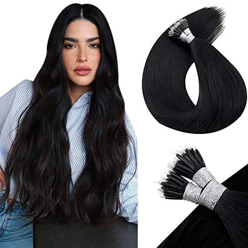 LaaVoo Nano Hair Extensions Real Human Hair Black Nano Beads Hair Extensions 16 Inch Natural Black Invisible Nano Ring Straight Remy Hair 50g 50s #1