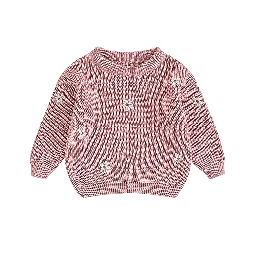 Pivanzore Baby Girl Toddler Knit Sweater Winter Clothes Cute Flower Crewneck Long Sleeve Pullover Newborn Infant Warm Tops Rose Pink