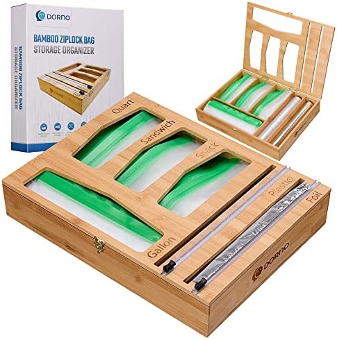DORNO Bamboo Storage Bag Organizer - Kitchen Organization And Storage Dispenser for Gallon, Quart, Snack & Sandwich Food Bags - Aluminum Foil & Plastic Wrap Container with Sliding Cutters - 17x13x3”